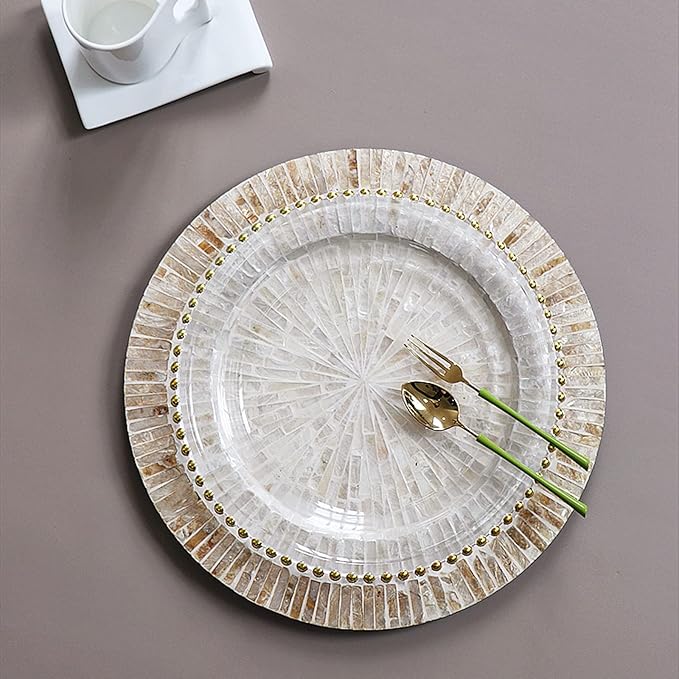 i-lan 13Inch 2 Pack Mother Of Pearl Decorative Plates for Display, Sea Shell Inlay Wood Charger Plates for Dining, Party, Modern and Rustic Decoration Placemats for Dinner Plates,Champagne Gold
