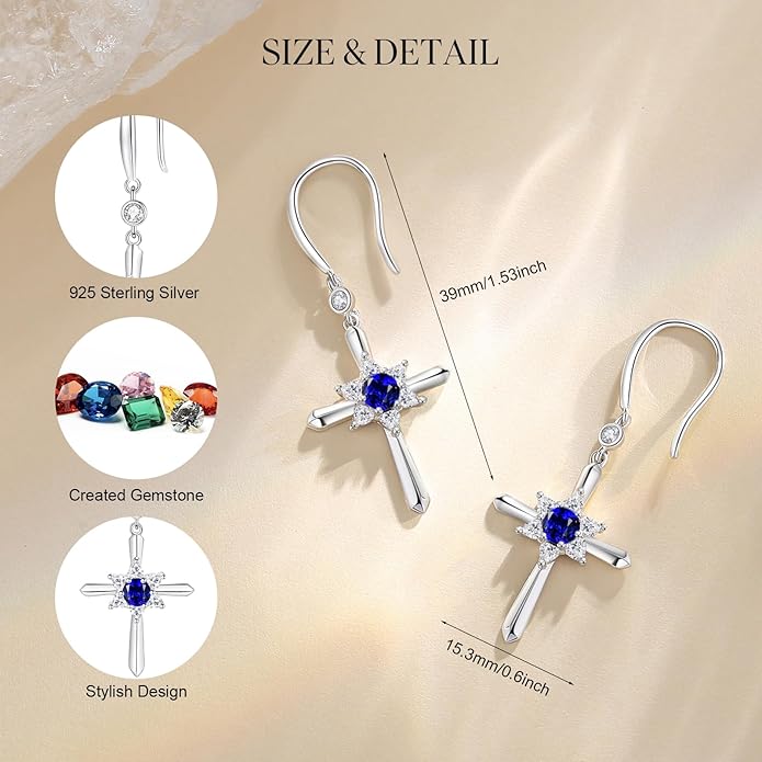 FANCIME Cross Dangle Drop Earrings 925 Sterling Silver Dainty Round Birthstone Earring Fine Jewelry Birthday Gifts for Her Women
