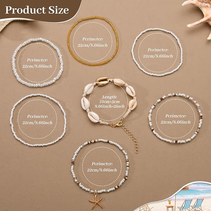 Bead Ankle Bracelets for Women Waterproof Adjustable Boho Shell Anklet Summer Beach Seashell Conch Foot Jewelry Accessories