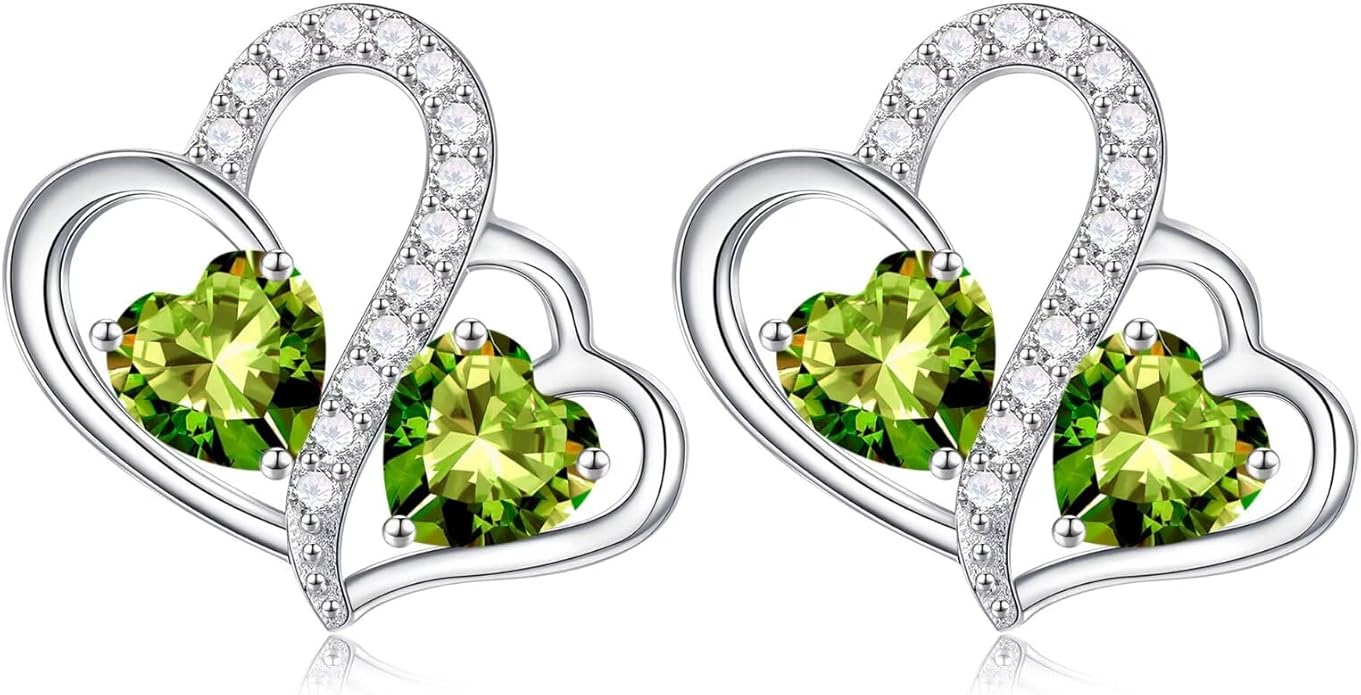 Iefil Valentines Day Gifts for Her - Birthstone Earrings Gift for Women, 925 Sterling Silver Double Heart Birthstone Earrings | Anniversary Birthday Gifts for Women, Personalized Jewelry for Wife Mom