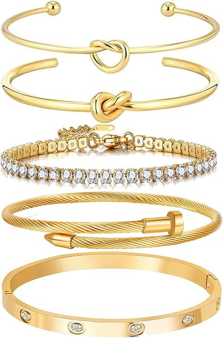 FAFUGA 18 K Gold Plated Love Bangle Bracelet Stack Cuff Jewelry for Women Jewelry Set for Women Gift with Box