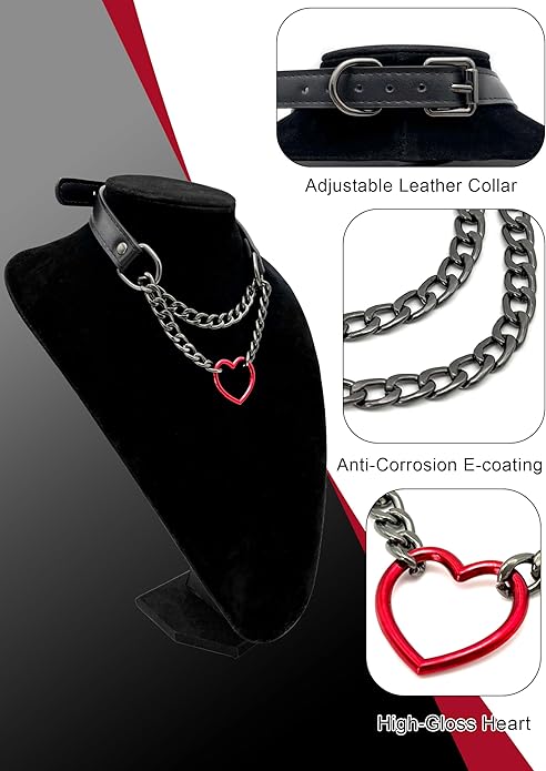 Black Leather Choker Collar For Women, Handmade Heart Slip Chain Choker Long Necklace with Adjustable Buckle