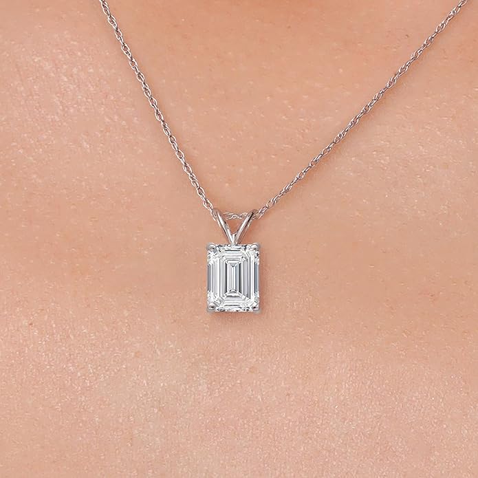 Gem Stone King 1 to 5 Carat 14K Gold IGI Certified Lab Grown Diamond Pendant Necklace For Women | Emerald Cut | E-F Color | VS1-VS2 Clarity | With 18 Inch Gold Chain