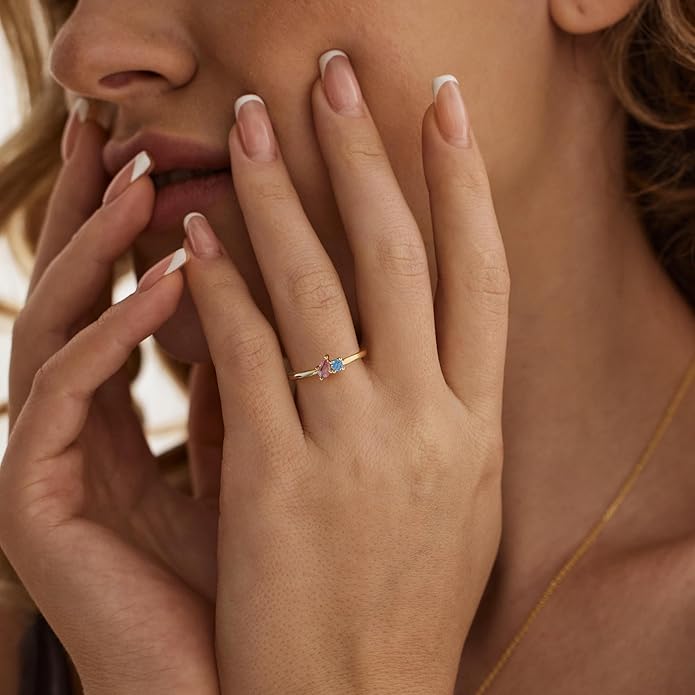 JSJOY Birthstone Rings for Women Dainty Emerald Blue Ring Birthday Gifts for Mom Her Gemstones CZ Ring for Teens Gold Rings That Don't Tarnish Adjustable Ring Jewelry Gifts