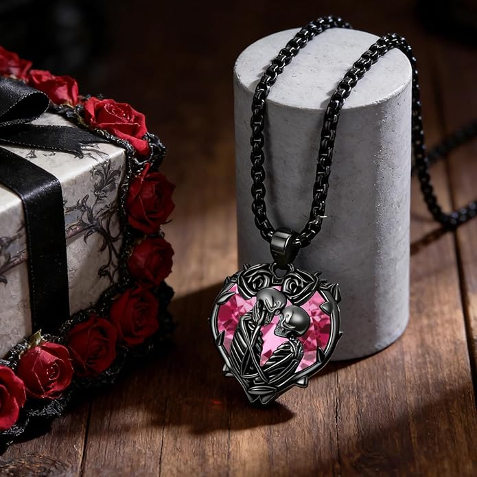 Flpruy 925 Sterling Silver Black Gothic Jewelry Gifts Skeleton Couple Pendant Crystal Birthstone Heart Necklace Punk Romantic Jewelry for Lover Men Women