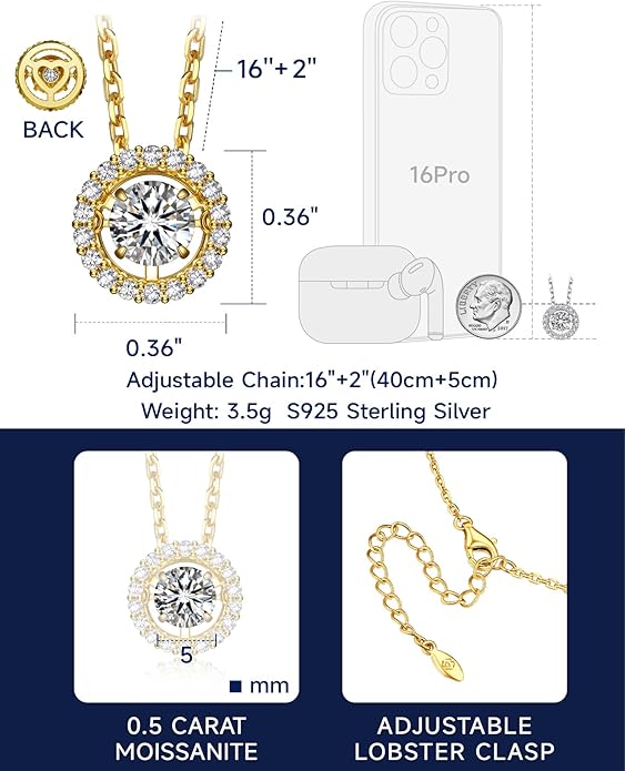 MomentWish Floating Necklace for Women, 0.5/1 Carat Dancing Moissanite Necklace for Her 925 Sterling Silver Pendant Anniversary Birthday Christmas Gift for Wife Mom Girlfriend