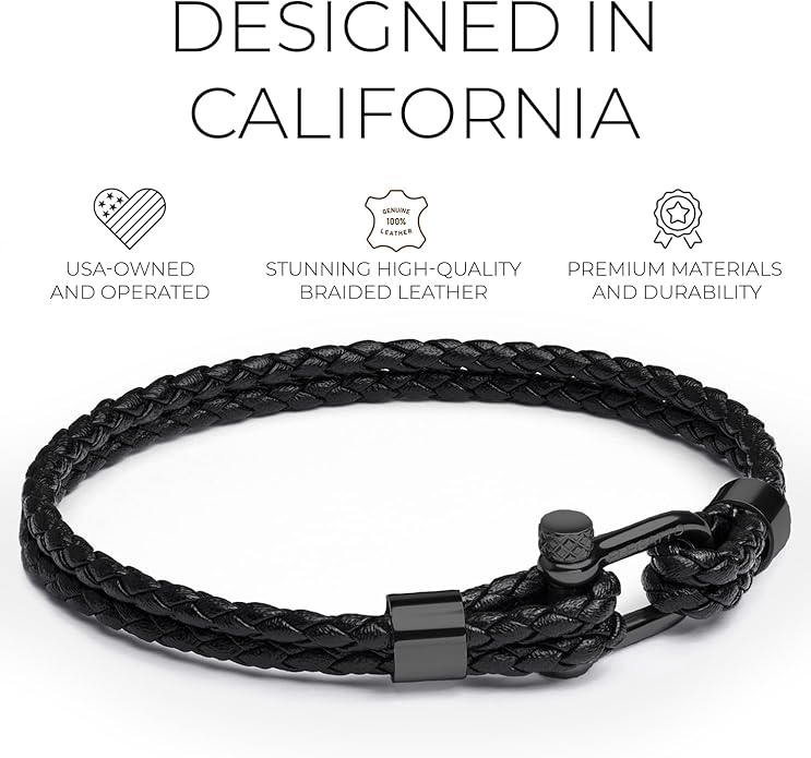 Elegatto Helix Premium Vintage Leather Bracelet for Men | Double Black Leather Strands with Sterling Silver Polished Mini Shackle Closure | Men’s Designer Jewelry