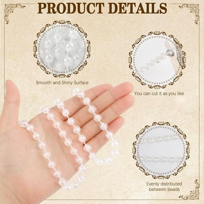 Pearl Beads Garland, 8mm String of Pearls, 32.8FT Pearl Garland for Christmas Tree, Christmas Faux Pearls Strand Roll for DIY Craft Xmas Wedding Party Supplies Flowers Decoration