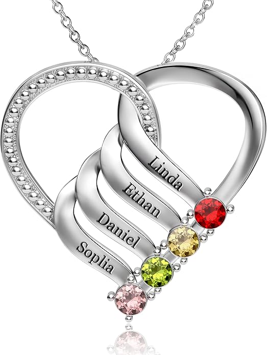 Easycosy Custom Name Necklace with Simulated Birthstones Customized Promise Necklace Heart Pendant with Engraved 2-6 Names - Anniversary Birthday Christmas Jewelry Gifts for Women Wife Mom Grandma