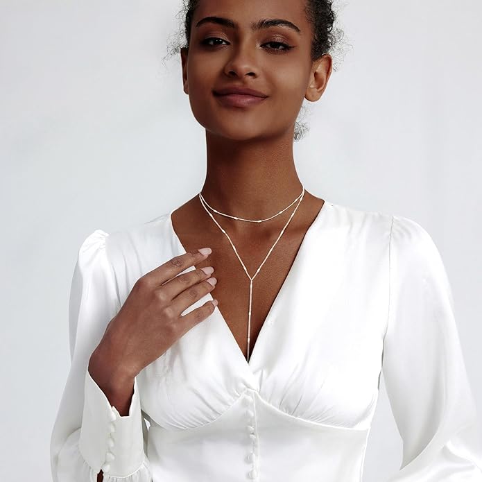Zeffy Lariat Gold Necklace for Women, Dainty Long Necklace 14k Gold/Silver Plated Layered CZ Beaded Bar Chain Y-Shaped Body Chain Stack Drop Wedding Necklace Trendy Simple Gold Jewelry Gifts