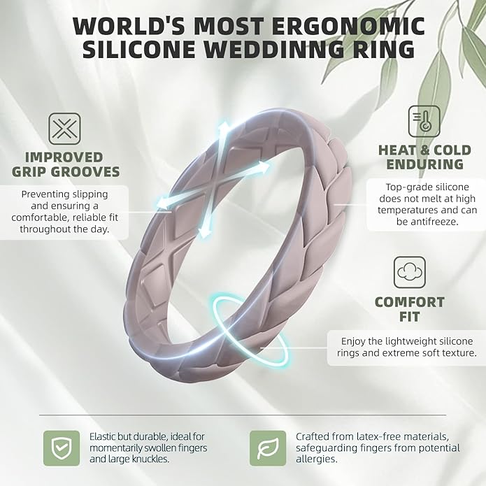 Egnaro Women's Silicone Stackable Rings 3.5mm Wide 2mm Thick, Rubber Flexible Hypoallergenic Wedding Bands For Workout Leaf Braided Fashion