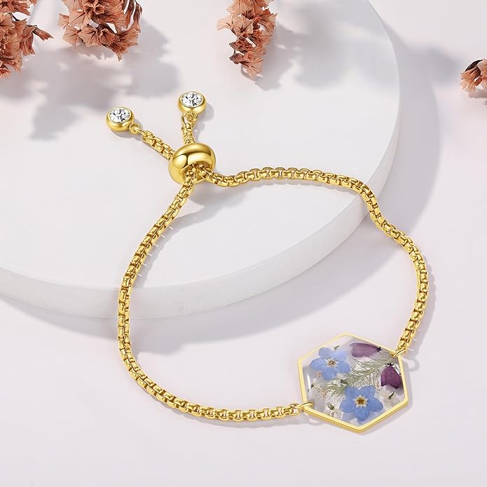Forget-Me-Not Pressed Wildflower Bracelet | Pressed Flower Bracelet | Gold/Silver Pressed Flower Jewelry | Personalized Handmade Jewelry | Gift For Women