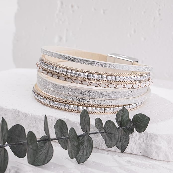 FANCY SHINY Boho Leather Wrap Bracelets Trendy Layered Bracelets with Magnetic Clasp Strackable Bohemian Jewelry Gifts for Women
