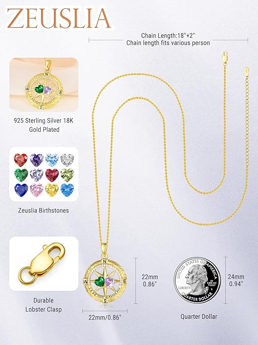 Zeuslia Double Birthstone Necklace Gifts for Wife - 925 Sterling Silver Sunflower/Rose/Crown Cross/Compass/Heart Pendant I Love You Necklace, Anniversary Birthday Gifts for Wife Girlfriend Mom Her