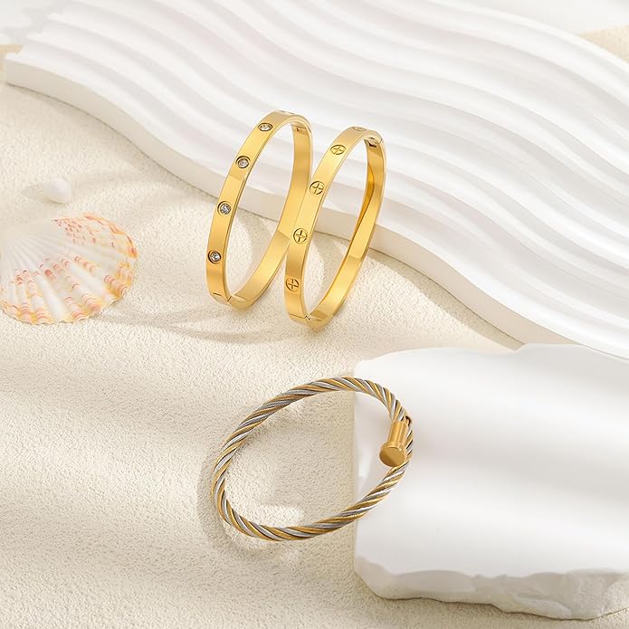 Gold Bracelets for Women - Stackable Bangles with Friendship & Love Theme - Stainless Steel Jewelry Gift for Her