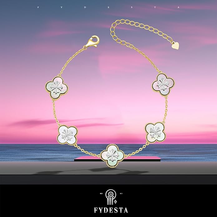 Fydesta 18K Gold Plated Clover Bracelet, Mother of Pearl Four Leaf Flower Bracelet for Women, 6.9" + 2" Adjustable Bracelet, Cross Motif, Gold or Silver Tone