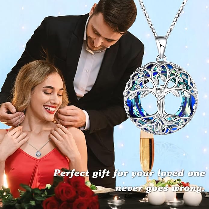 HOTIE Tree of Life Crystal Necklace for Women Sterling Silver Couples Hug Tree Pendant Necklaces Gifts for Wife Anniversary Birthday Christmas