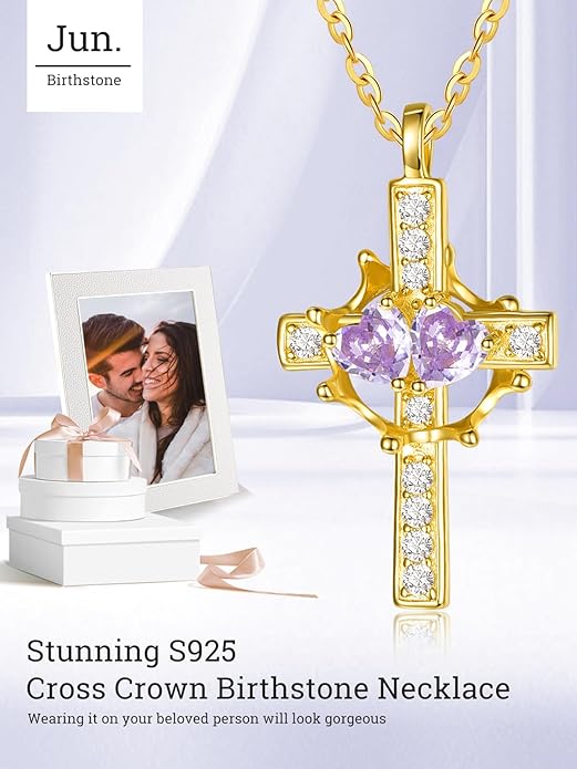 Zeuslia Double Birthstone Necklace Gifts for Wife - 925 Sterling Silver Sunflower/Rose/Crown Cross/Compass/Heart Pendant I Love You Necklace, Anniversary Birthday Gifts for Wife Girlfriend Mom Her
