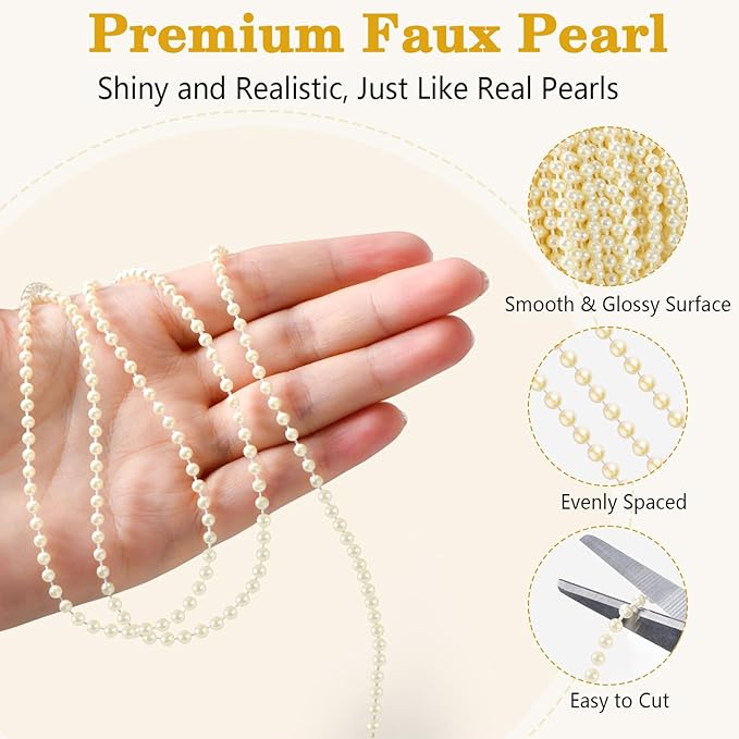 164 Feet Faux Pearl Garland, 3mm Pearl String Roll Strands, Extended String of Pearls Garland for Christmas Tree Wedding Party Decoration Centerpieces Flowers DIY Crafts (Ivory)