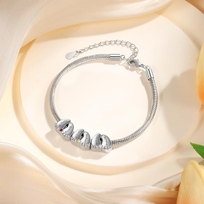 Jeweidea Personalized Foot Charm Birthstone Bracelet – Custom Engraved Bracelet with 1–5 Foot Charms, Name and Date Engraving, Meaningful Jewelry Gift for Mom Wife