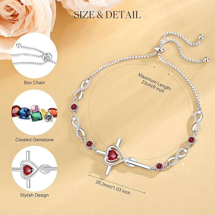 FANCIME Gift for Women Cross Bracelet 925 Sterling Silver Heart Birthstone Bracelet Fine Jewelry Birthday Gifts for Her Women