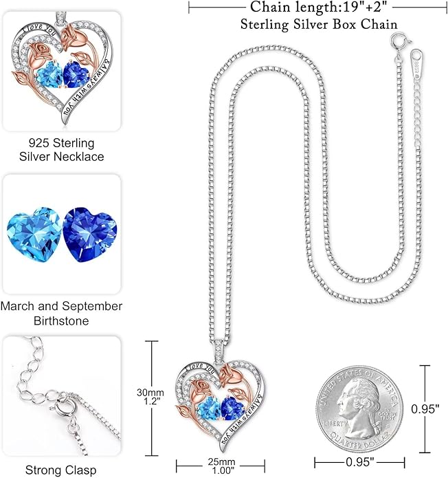 Iefil Birthstone Necklace for Women - 925 Sterling Silver Rose Heart Birthstone Necklace Birthday Anniversary Jewelry Gifts for Her Wife Mom Daughter