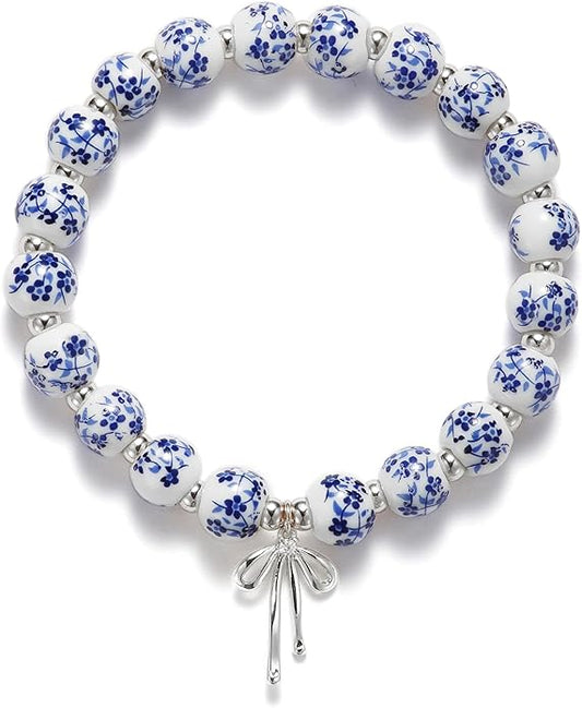 Beads Bow Charm Bracelet for Women Flower Vintage Bracelet Handmade Stretch Beaded Dainty Romantic Jewelry Gifts