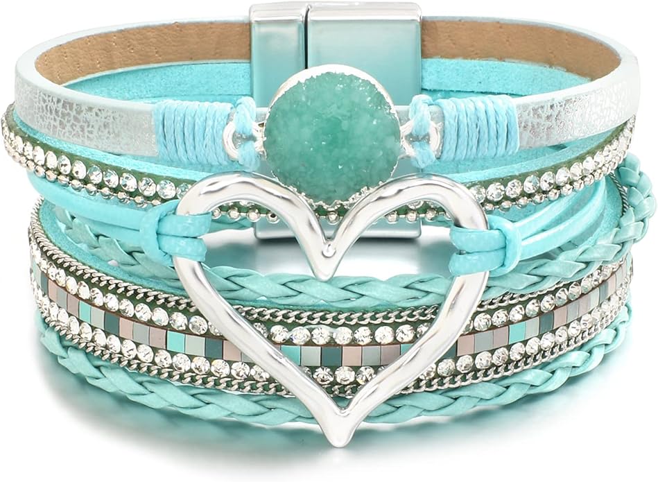 Leather Wrap Bracelet for Women Beaded Cuff Bracelet with Heart-shape Decor Bohemian Crystal Bracelet Jewelry with Clasp Bangle Bracelet for Women Girls Birthday Holiday Gift
