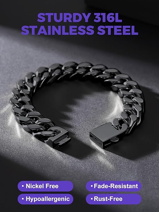Richsteel 5/7/9/12mm Wide Miami Cuban Link Chain Bracelet for Men Women,Stainless Steel/Gold/Black Plated,7.4/8.2/9 Inch Length,Hip Hop Urban Street-wear Jewelry(Gift Wrapped)