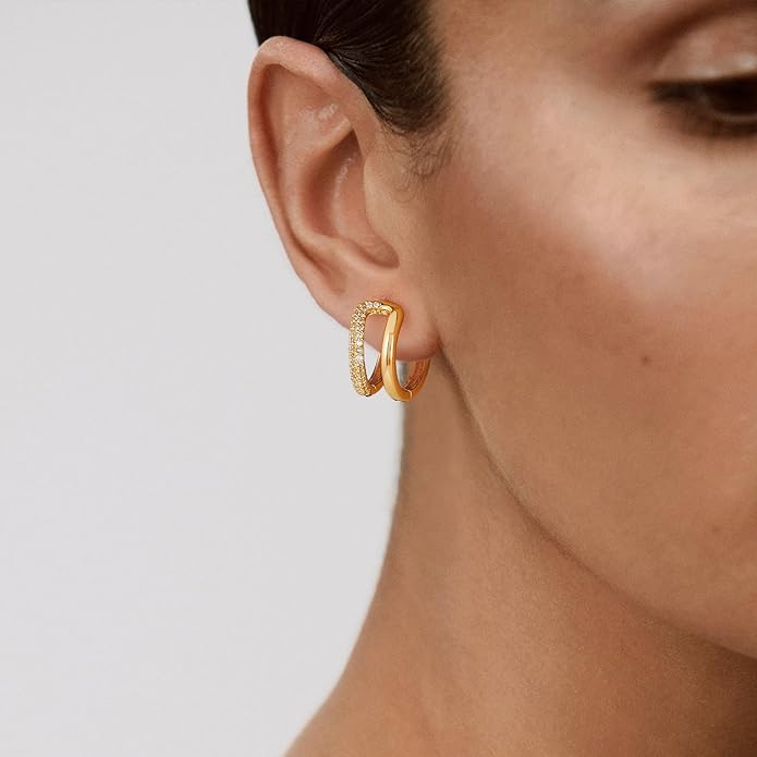 Gold Huggie Hoop Earrings 14K Gold Plated Dainty Chunky Thick Hoop Diamond Cubic Zriconia Inlay Sleeper Tiny Delicate Boho Beach Simple Hypoallergenic Jewelry Gift for Her