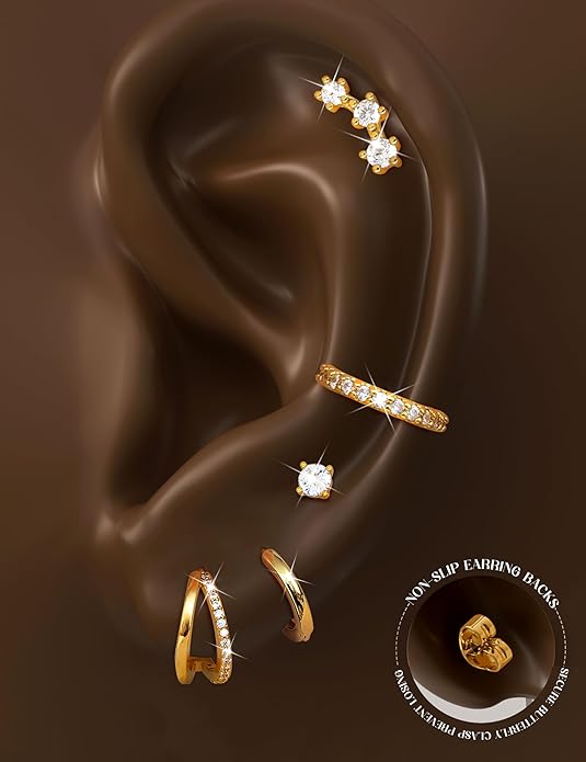 Florideco 925 Sterling Silver Earrings for Women Trendy Hypoallergenic Small Gold Hoop Earrings 14K Gold Plated Stud Earring Sets for Multiple Piercing CZ Ear Cuff Cartilage Earring Stacks