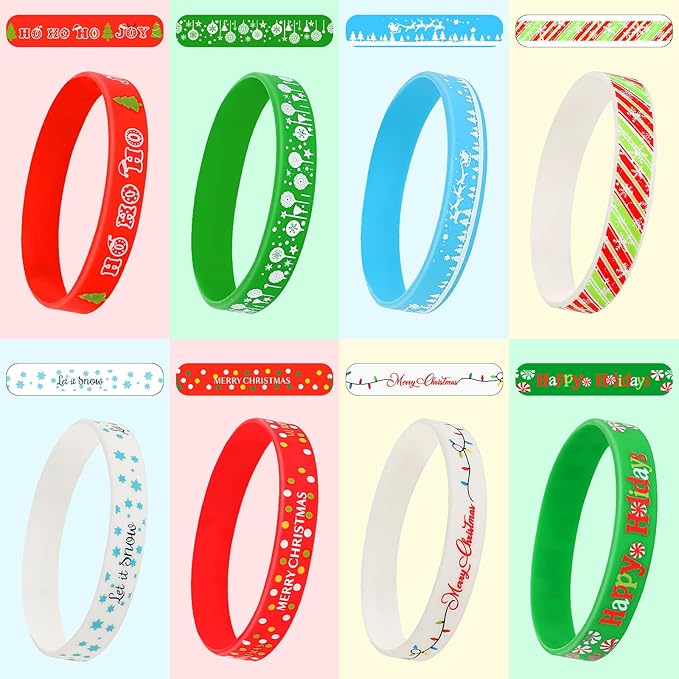 JUNEBRUSHS 64pcs Christmas Wristband Silicone Bracelets Bulk Elk Xmas Tree Snowflake Pattern Rubber Bracelet for Christmas Birthday Decoration Kids Party Favor Gift Supplies（8 Designs）