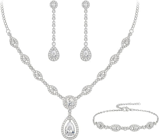 EVER FAITH Bridal Jewelry Set for Women, Stunning Teardrop Cubic Zirconia Birthstone Necklace Bracelet Earrings Sets Gift for Mothers Day/Valentines/Birthday/Christmas