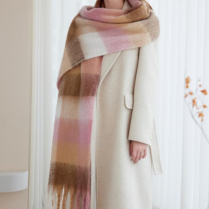 SHOHOKU Large Chunky Plaid Scarf Coloured Checked Oversized Scarf Tassel Soft Fall Winter Thick Warm Shawl Women