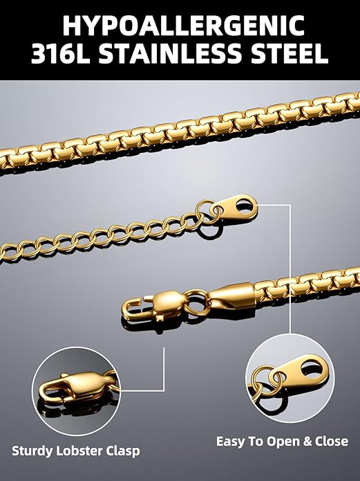 Bestyle 18K Gold Plated/Silver/Black Chain for Men, Hypoallergenic 2/4/6/8mm Stainless Steel Flat Link Chain Necklace for Men & Women Hip Hop Jewelry, 14-30"