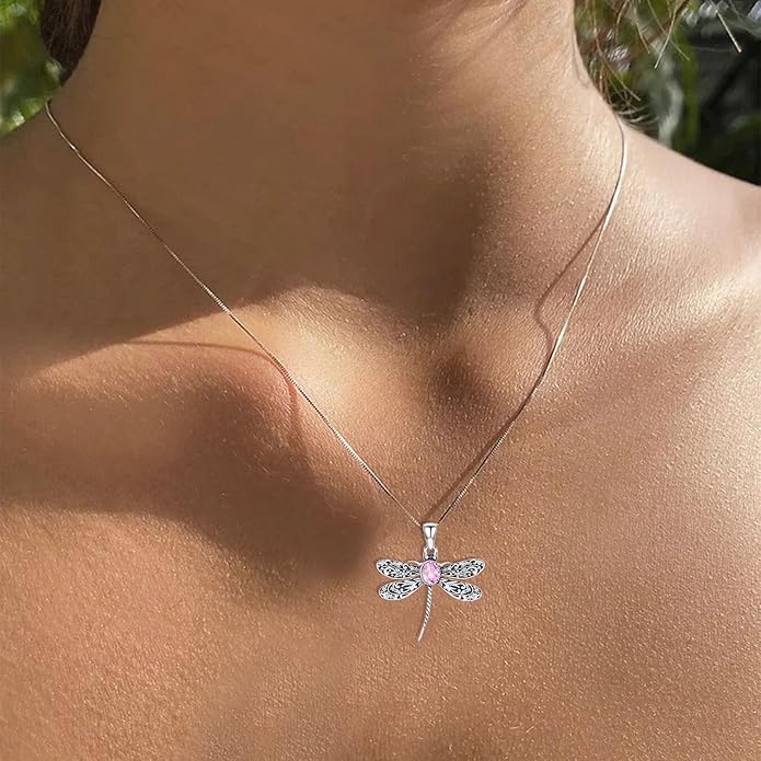 Vintage Dragonfly Necklace for Women 925 Sterling Silver, Oval Birthstone Dragonfly Pendant Boho Jewelry Birthday Gift for Her, Mom, Grandma