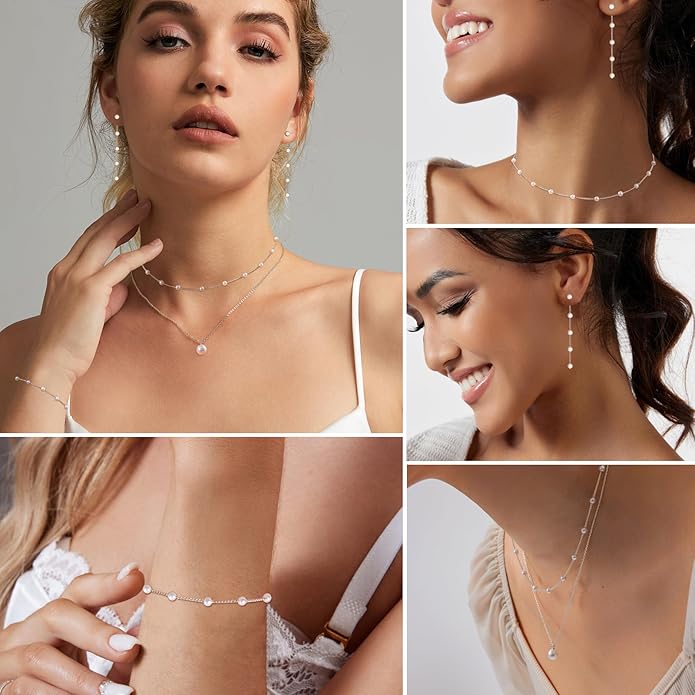 Gold Jewelry Set for Women - Dainty 14K Gold/Silver Plated Pearl Choker Necklace, Drop Earrings & Bracelets - Wedding Trendy Pearl Jewelry Gift