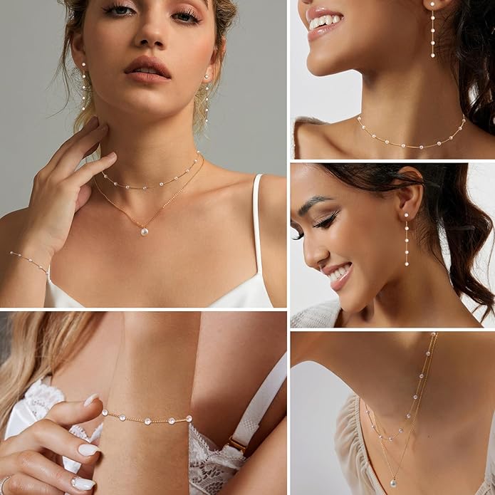 Gold Jewelry Set for Women - Dainty 14K Gold/Silver Plated Pearl Choker Necklace, Drop Earrings & Bracelets - Wedding Trendy Pearl Jewelry Gift