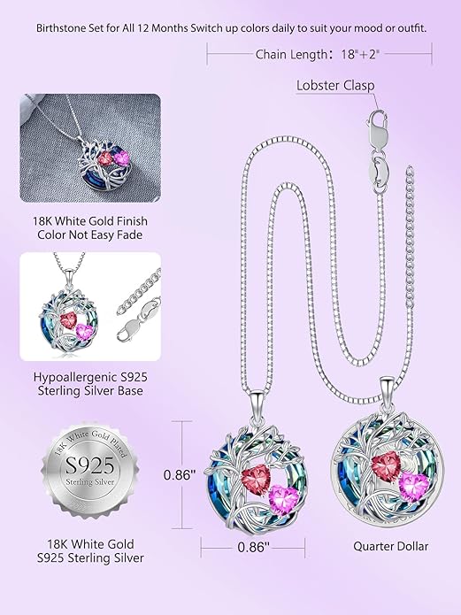 TOUPOP s925 Sterling Silver Family Celtic Tree of Life Pendant Necklaces with 2 Heart Birthstone with Blue Austrian Crystal Jewelry Birthday Anniversary Christmas Gifts for Her Wife Girlfriend Mom (18K Real White Gold Filled)