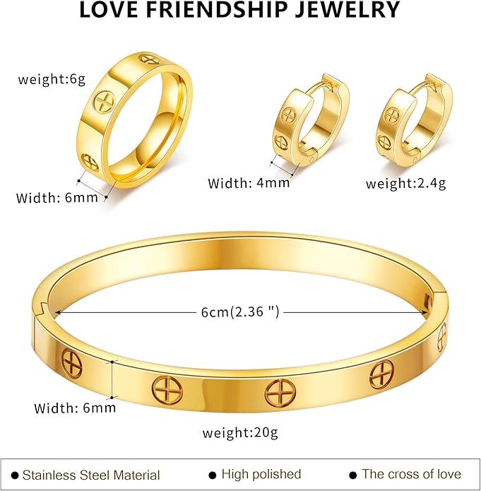 3 Pcs Hoop Earrings Bracelets Ring Sets for Women-18K Gold Plated Love Bracelet Cubic Zirconia Cuff Bangle Hoop Earrings Friendship Love Ring Jewelry Set,Wedding Party Christmas Valentine's Day Birthday Gifts for Her Girlfriend Sister Daughter
