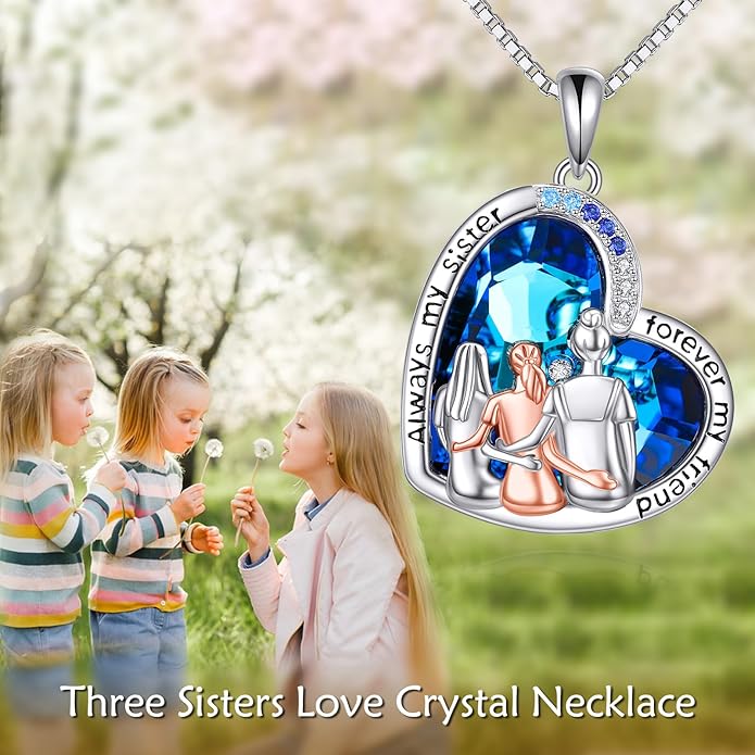 AOBOCO Gifts for Sister 2 3 Sisters Necklace for Women Sterling Silver Sister Crystal Pendant Jewelry Birthday Christmas Gifts for Friend Female Friendship Lasts Forever