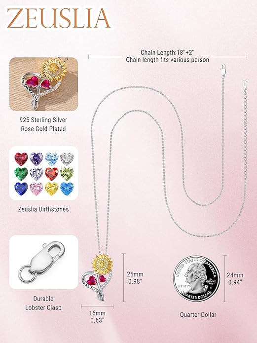 Zeuslia Double Birthstone Necklace Gifts for Wife - 925 Sterling Silver Sunflower/Rose/Crown Cross/Compass/Heart Pendant I Love You Necklace, Anniversary Birthday Gifts for Wife Girlfriend Mom Her