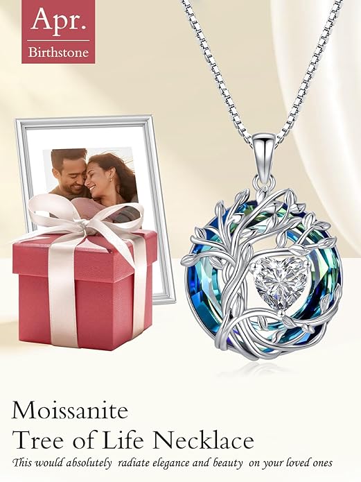 TOUPOP Christmas Gifts Tree of Life Birthstone Necklace 925 Sterling Silver Pendant Austrian Crystal Jewelry Anniversary Birthday Gifts for Women Mom Her Wife