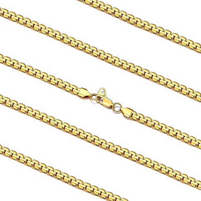 FaithHeart Mens Black/Silver/Gold Stainless Steel Flat Box Link Chain Necklace, Stylish 2/4/6/8mm Width Box Chains Necklaces for Men Non Tarnish Hip Hop Chain Jewelry Gifts,14"-30" Length