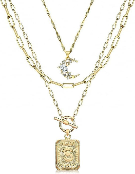 MJartoria Layered Initial Necklaces for Women Trendy, 14K Gold Plated Brass Simple Moon Choker Square Letter Pendant Necklace, Paperclip Chain Necklaces Jewelry Gifts