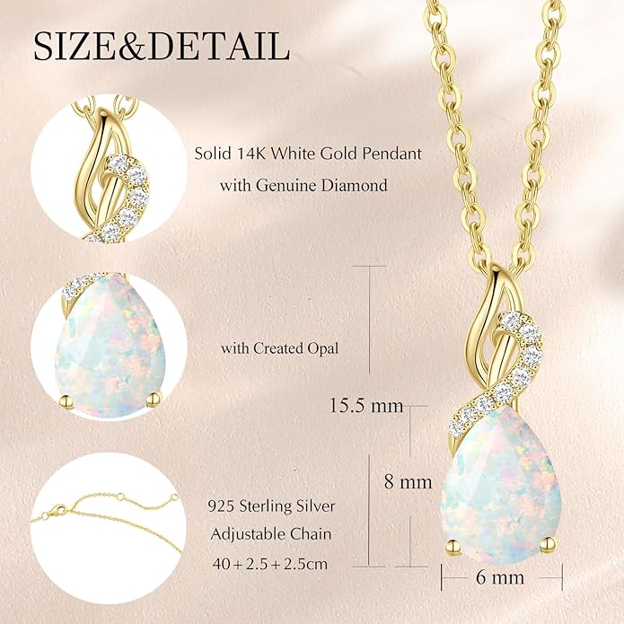 FANCIME 14K Solid Yellow Gold Teardrop Pendant with Diamond Birthstone Necklace Birthday Gifts for Mom Women, Sterling Silver Chain 16" + 2" Extender