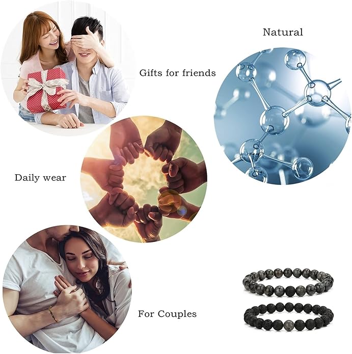MengPa Mens Beaded Bracelets Couples Matching Bracelet Set Lava Rock Beads for Women Stone Jewelry