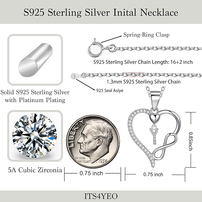 Valentines Day Gifts for Women Hers, Dainty 925 Sterling Silver Infinity Heart Initial Necklace, Letter A-Z Zircon Pendant, Jewelry Gift for Wife