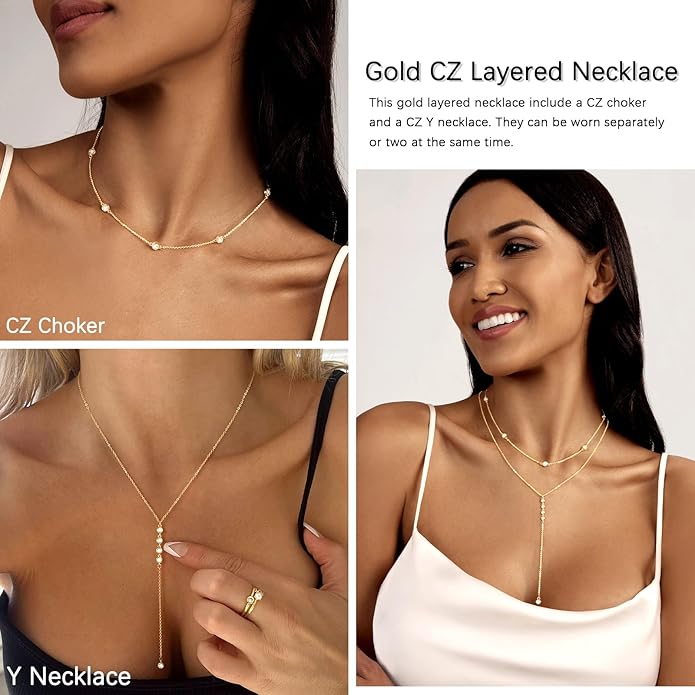 Zeffy Lariat Gold Necklace for Women, Dainty Long Necklace 14k Gold/Silver Plated Layered CZ Beaded Bar Chain Y-Shaped Body Chain Stack Drop Wedding Necklace Trendy Simple Gold Jewelry Gifts