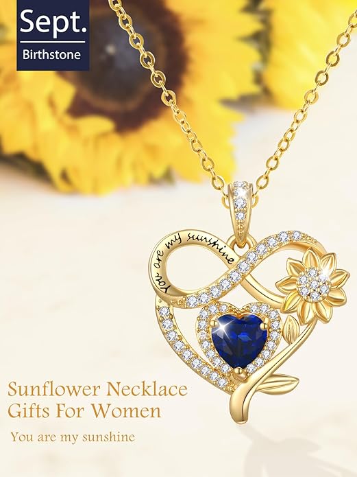 14K Gold Sunflower Heart Necklace for Women, You Are My Sunshine Jewelry with Birthstone Pendant, Anniversary Birthday Gifts for Her Wife Mom Grandma Daughter